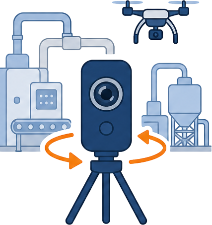 360度カメラと専用カメラで工場を撮影するイラスト