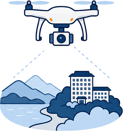 ドローンで観光地や施設を空撮するイラスト