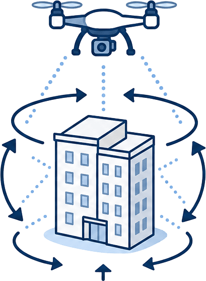 ドローンで建物を全方向から撮影するイラスト