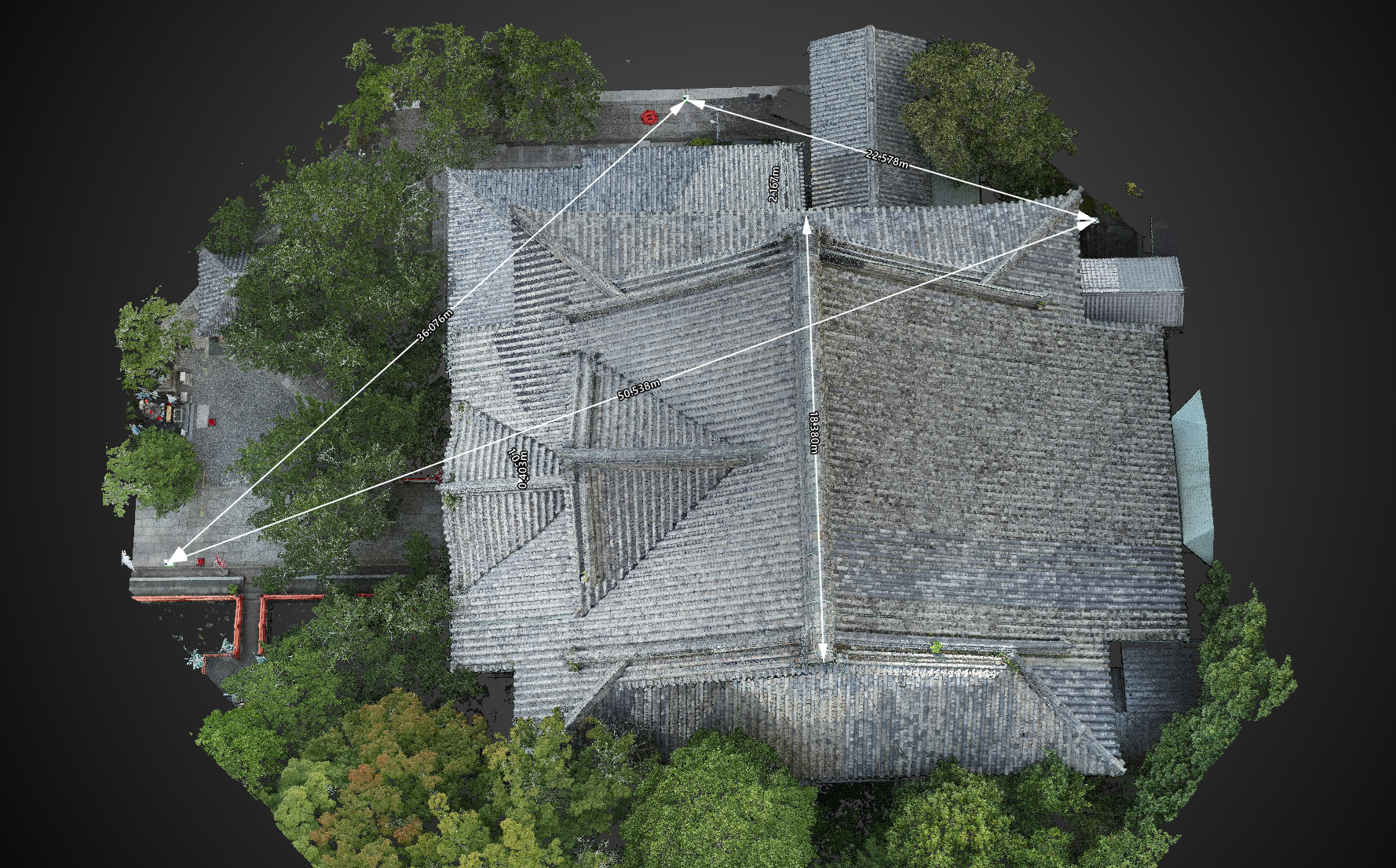 建物を全方向から撮影し点群・3Dモデル化する建物測量・3D測量イメージ