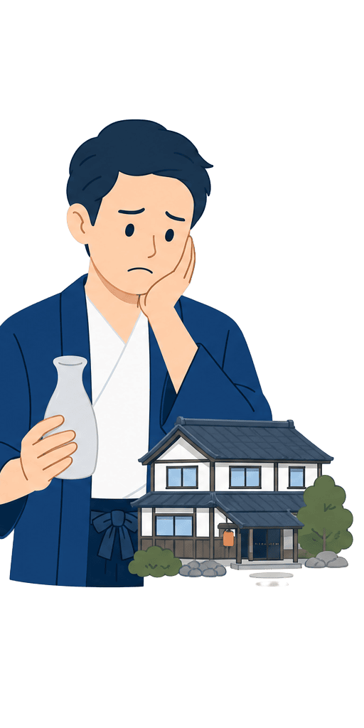 観光資源や地場産業の魅力を新しい視点で見せたいと悩む酒造・旅館の経営者のイラスト
