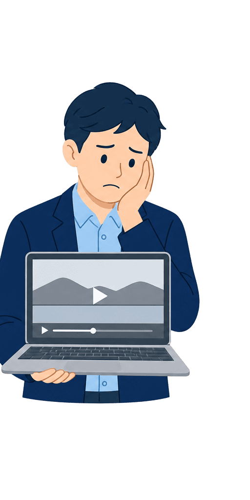 プロモーション動画が地味で競合に差をつけられず悩む企業の広報担当者のイラスト