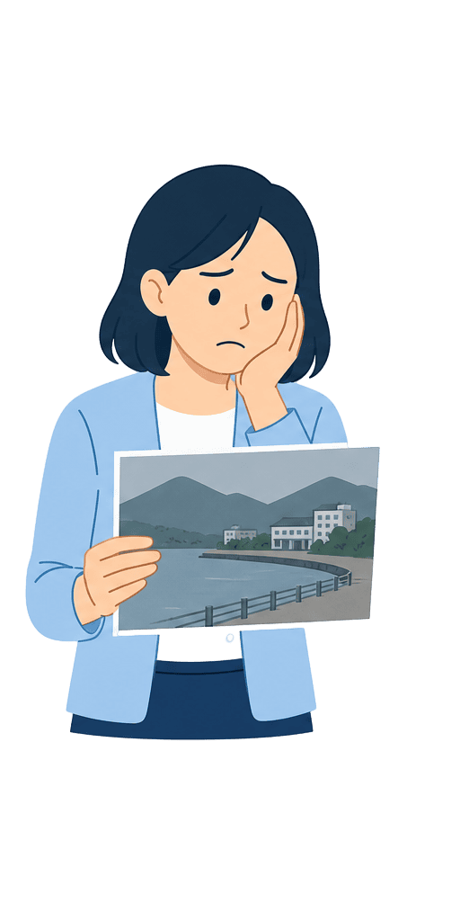地上からの写真ではスケール感が伝わらず悩む観光協会の担当者のイラスト