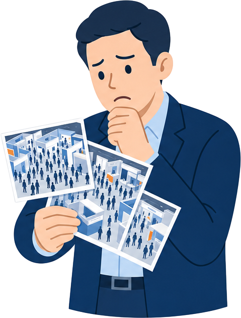 写真では会場の規模や賑わいが伝わらず悩む出展企業担当者のイラスト