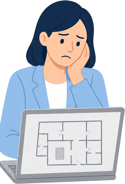 遠方の見込み客にオンライン内覧させたいと悩む営業担当者のイラスト
