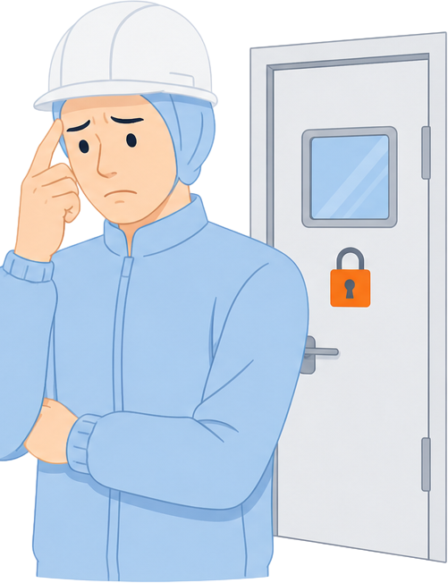衛生管理区域に部外者を入れられず監査対応に悩む工場長のイラスト