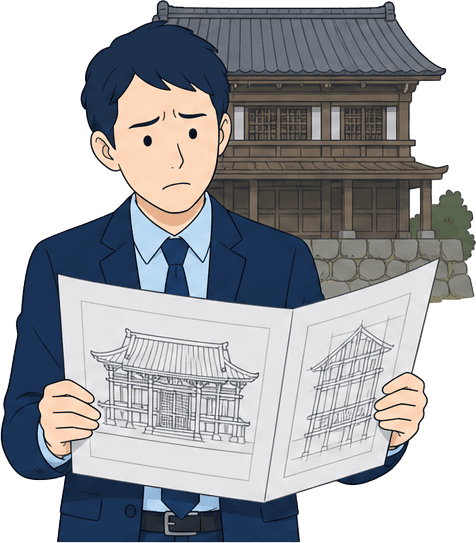 修復・耐震の事前調査に正確な3Dデータが必要な文化財課担当者のイラスト