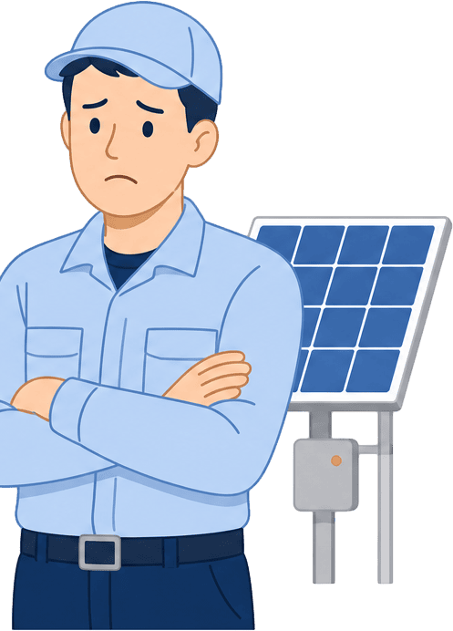 発電を止めずに点検したいと悩む現場担当者のイラスト