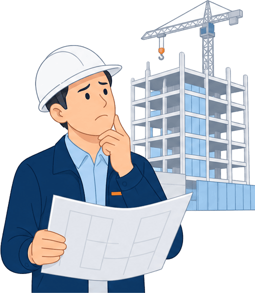 工事の進捗・完成を上空から記録したいと悩む建設会社の現場監督のイラスト