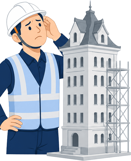 高所や屋根の計測に足場が必要で悩む現場担当者のイラスト