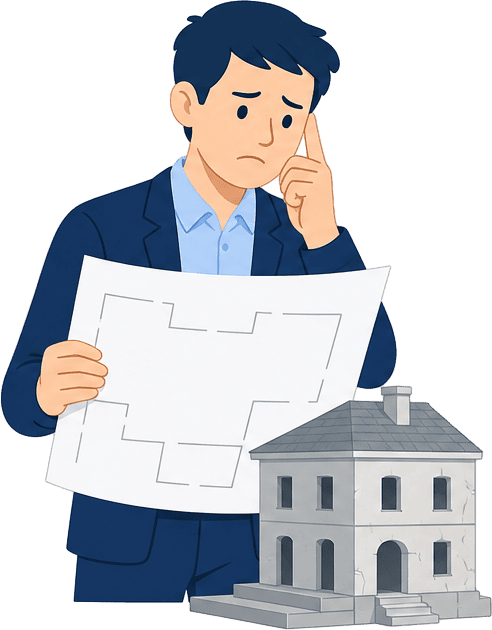 既存建物の図面が無く改修計画に悩む設計担当者のイラスト