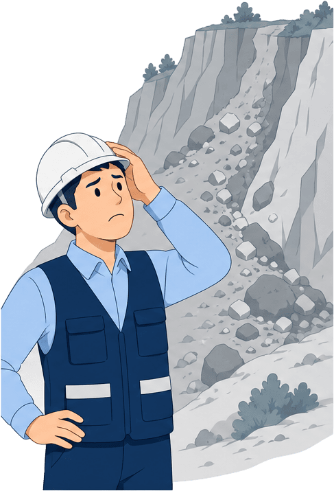 急傾斜地や土砂崩れ現場に立ち入れず測量に悩む現場担当者のイラスト