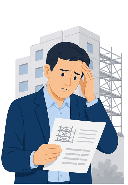 外壁点検の足場代に悩むビル管理者のイラスト